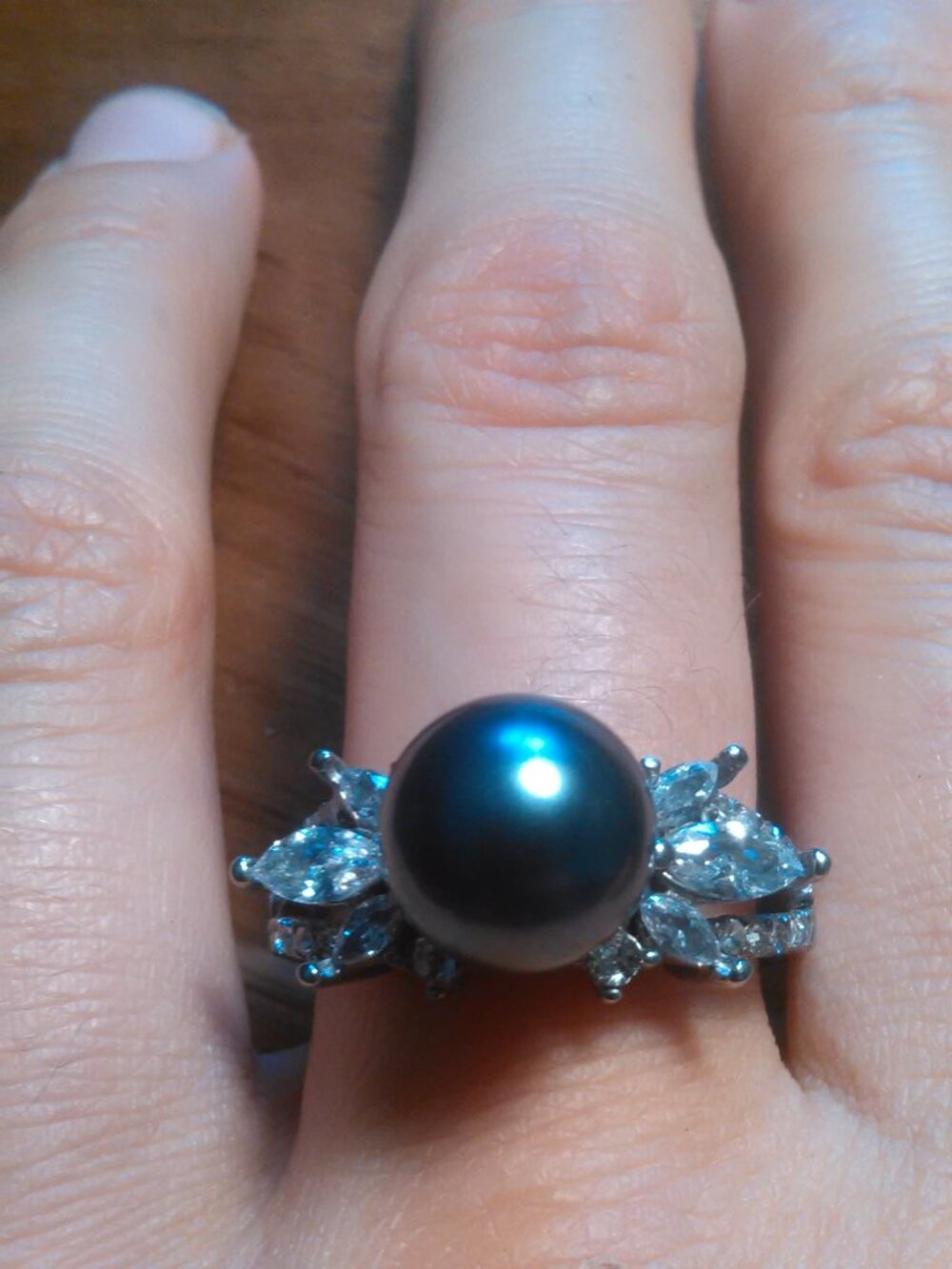 Blue Color Shell Pearl and Marquise Cut Crystal Stainless Steel Ring (Size 10)